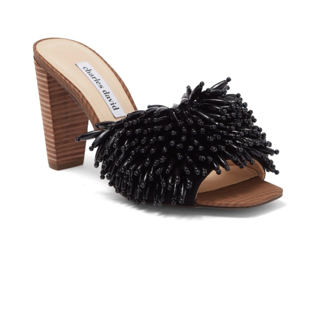 Charles David Hottie Black Beaded Mule Sandal Heel Size 8